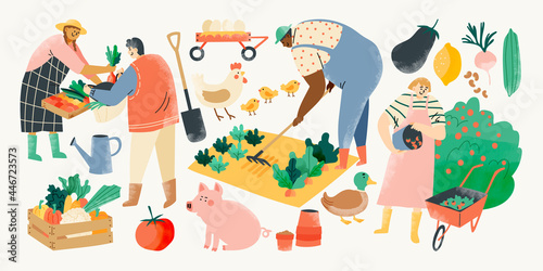Eat local vector illustration set. Organic farming with people farmers doing farming job, planting, organic food, local organic production, Fruits and vegetables, animal farm, modern farmers market. 