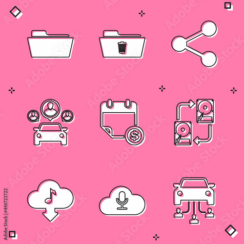 Set Folder, Delete folder, Share, Car sharing, Financial calendar and Data exchange with hhd icon. Vector