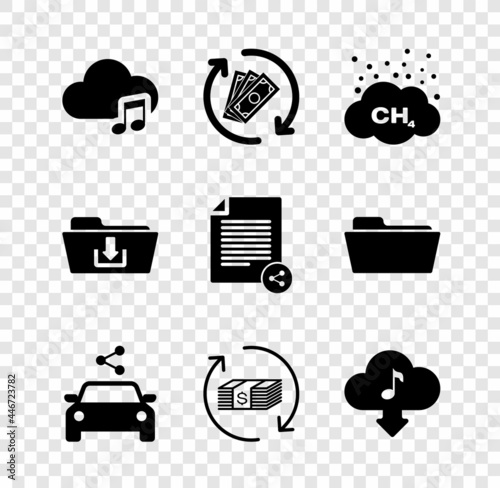 Set Music streaming service, Refund money, Methane emissions reduction, Car sharing, and Cloud download music icon. Vector