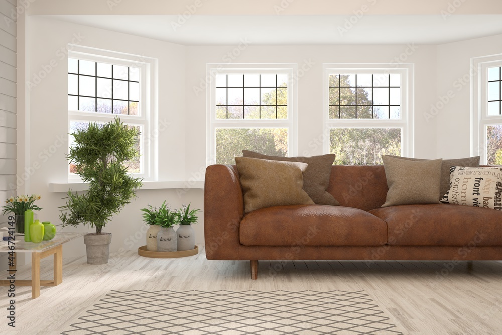 Fototapeta premium Soft color living room with sofa. Scandinavian interior design. 3D illustration
