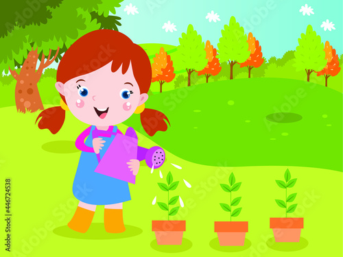 Girl watering plant 2D cartoon concept for banner  website  illustration  landing page  flyer  etc.
