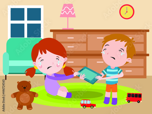 Siblings fight over digital tablet 2D cartoon concept for banner, website, illustration, landing page, flyer, etc.