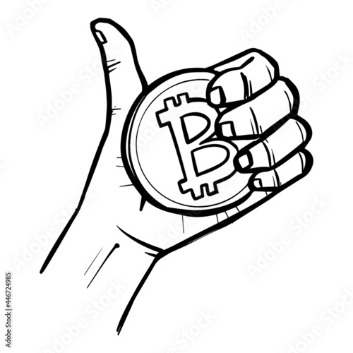 Hand holding bitcoin coin and gesturing thumb up