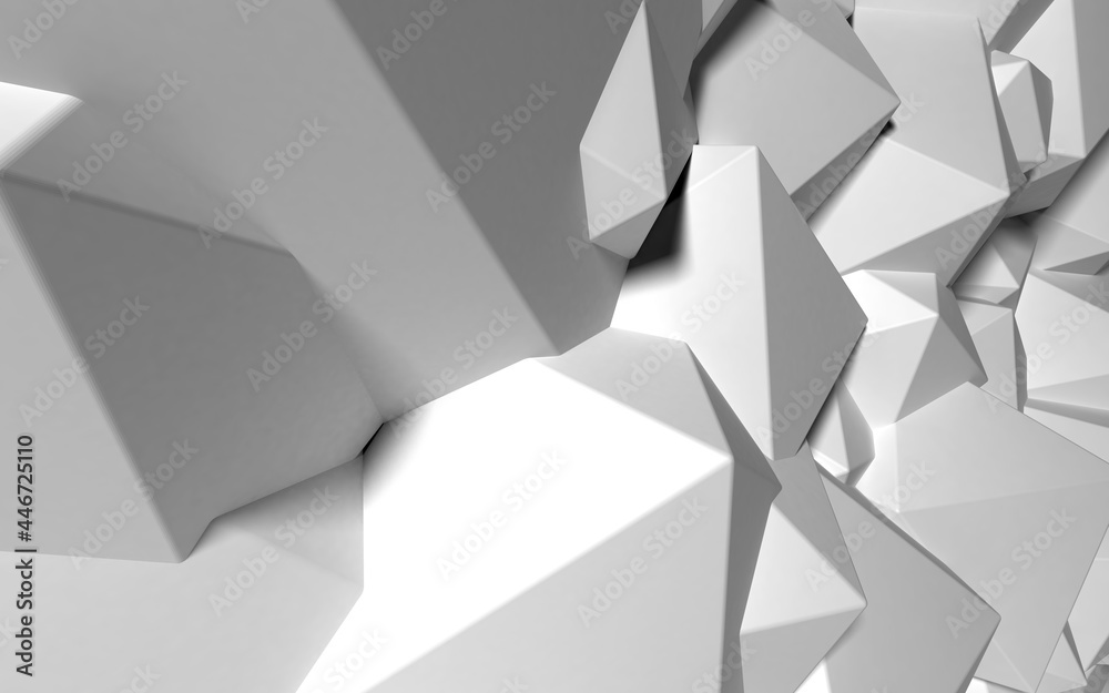 Fototapeta premium Abstract background with white 3D shapes flying in the light as a messy array or chaotic structure for any pastel backdrop. 3D illustration.