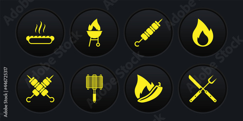 Set Grilled shish kebab, Fire flame, Barbecue steel grid, Hot chili pepper pod, grill, Crossed fork and knife and Hotdog sandwich icon. Vector
