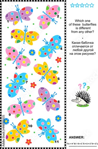 Visual logic puzzle - find one unique butterfly
