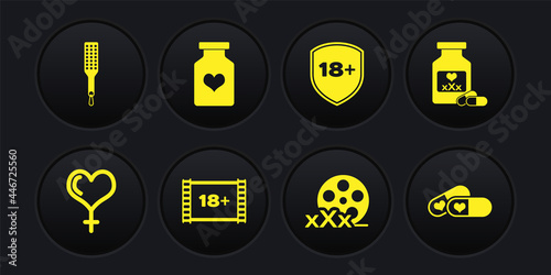Set Female gender and heart, Bottle with pills for potency, Play Video 18 plus, Film reel Sex, Shield, Pills and Spanking paddle icon. Vector