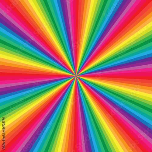 Rainbow background, multicolored diverging rays from the center, entertainment or advertising concept.