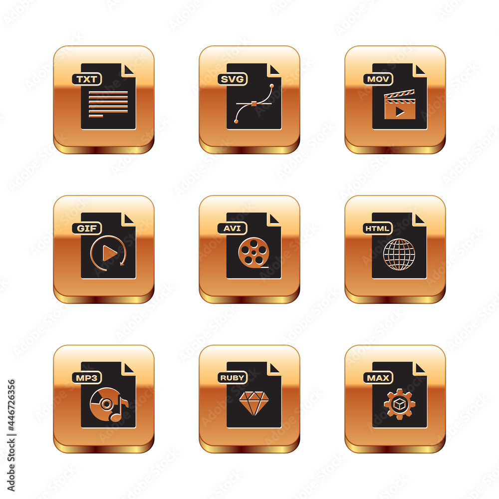 Set TXT file document, MP3, RUBY, AVI, GIF, MOV, MAX and SVG icon. Vector Set TXT file document, MP3, RUBY, AVI, GIF, MOV, MAX and SVG icon. Vector