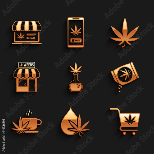 Set Test tube with marijuana, Marijuana or cannabis leaf oil, Shopping cart, seeds, Cup tea, and store, and Online buying icon. Vector
