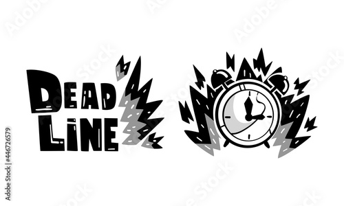 Deadline Logo Design Set, Effective Business Time Monochrome Badges with Alarm Clock in Fire Vector Illustration