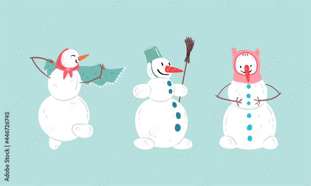Cute Christmas Snowman Set, Funny Xmas Characters in Different Action Poses, Happy Winter Holidays Design Cartoon Vector Illustration Cute Christmas Snowman Set, Funny Xmas Characters in Different Action Poses, Happy Winter Holidays Design Cartoon Vector Illustration