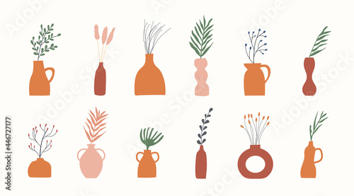 Set of clay vases with green and dry plants. Branches and twigs in earthen jug. Minimalistic foliage decoration for cozy home interior in Scandinavian Boho style. Vector illustration isolated on white