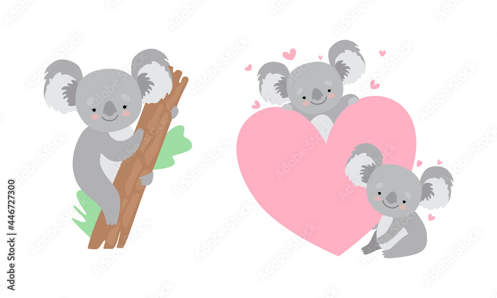 Cute Gray Koala Bear Sitting on Eucalypt Tree Trunk and Near Huge Heart Vector Set Cute Gray Koala Bear Sitting on Eucalypt Tree Trunk and Near Huge Heart Vector Set