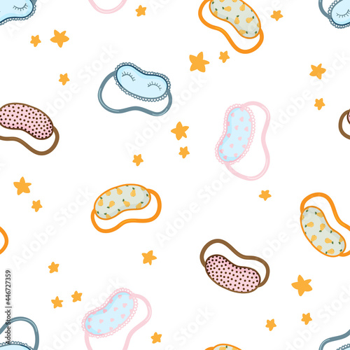 Sleeping mask vector seamless pattern. Sleeping night eye accessory blindfold relax in traveling illustration. Nighty sleepy face protection asleep flat cartoon design for poster, cards, textile