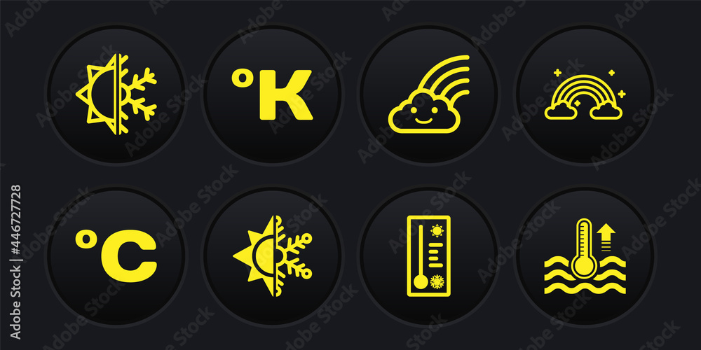 Set Celsius, Rainbow with clouds, Sun and snowflake, Meteorology thermometer, Kelvin, Water and icon. Vector Set Celsius, Rainbow with clouds, Sun and snowflake, Meteorology thermometer, Kelvin, Water and icon. Vector