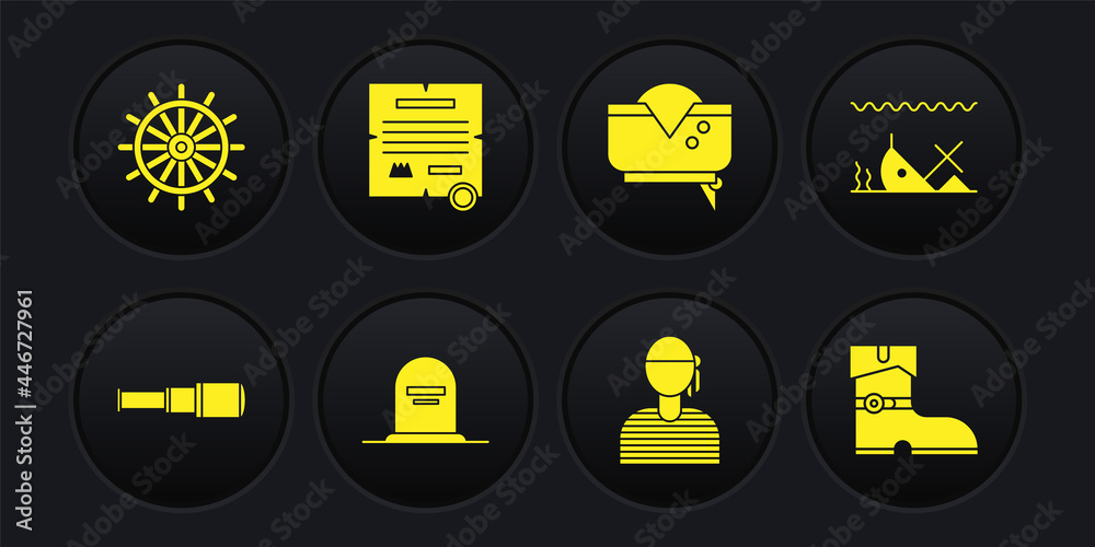 Set Spyglass telescope lens, Sunken ship, Tombstone with RIP written, Sailor captain, Pirate hat, Decree, parchment, scroll, Leather pirate boots and Ship steering wheel icon. Vector