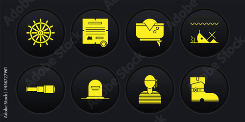 Set Spyglass telescope lens, Sunken ship, Tombstone with RIP written, Sailor captain, Pirate hat, Decree, parchment, scroll, Leather pirate boots and Ship steering wheel icon. Vector