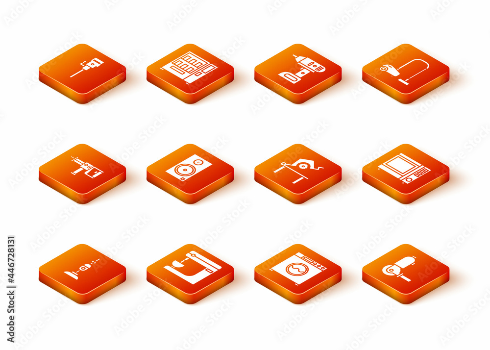 Set Vacuum cleaner, Electric mixer, Rotary hammer drill machine, Stereo speaker, Washer and Table saw for woodwork icon. Vector Set Vacuum cleaner, Electric mixer, Rotary hammer drill machine, Stereo speaker, Washer and Table saw for woodwork icon. Vector
