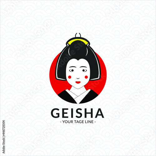Japanese Geisha Logo Design, with geisha face vector and red circle symbol of Japan