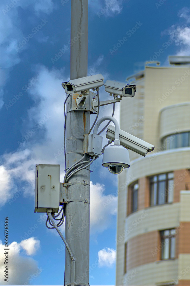 Security cameras are installed on a concrete pillar Security cameras are installed on a concrete pillar