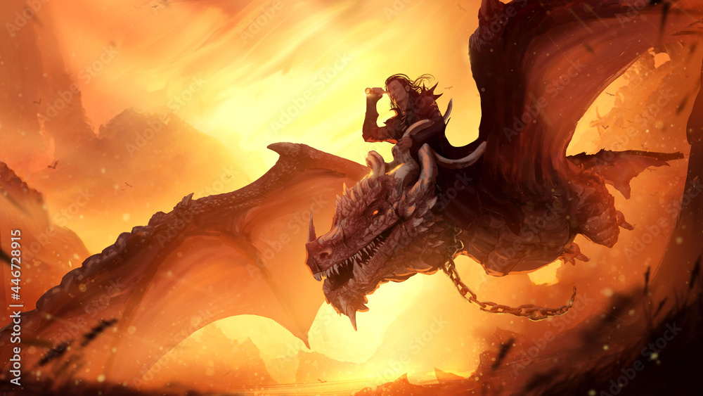 Fototapeta premium A researcher with a telescope is flying astride a huge spiked dragon released from its shackles, against the background of an epic yellow-orange sunset. 2d illustration in a dynamic perspective