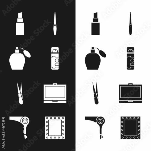 Set Shaving gel foam, Perfume, Lipstick, Nail file, Eyebrow tweezers, Makeup powder with mirror, lights and Hair dryer icon. Vector