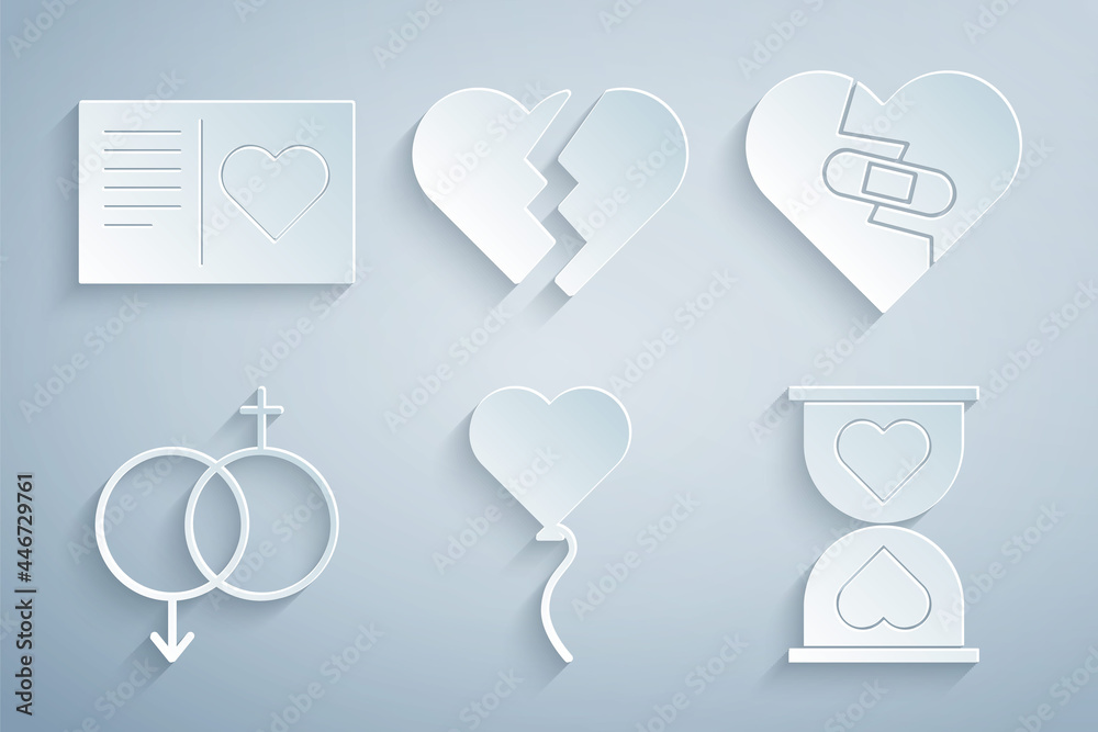 Set Balloon in form of heart, Healed broken, Gender, Heart the center hourglass, Broken and Valentines day flyer with icon. Vector Set Balloon in form of heart, Healed broken, Gender, Heart the center hourglass, Broken and Valentines day flyer with icon. Vector