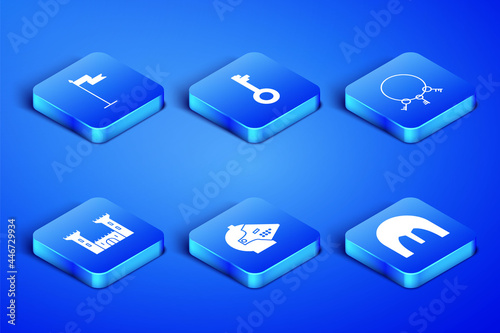 Set Medieval iron helmet, flag, Castle, Old key and keys icon. Vector