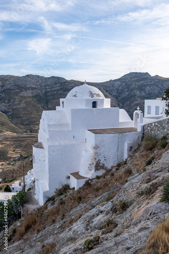 Serifos island, Cyclades Greece. Church orthodox on rocky mountain background.