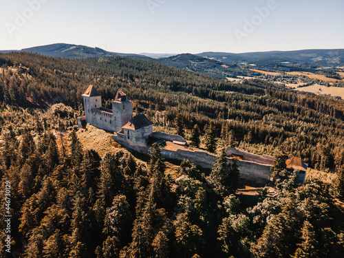 Kasperk Castle in a sunny autumn day. Pusty Hradek viewpoint. South Bohemia, Sumava. Czech Republic photo