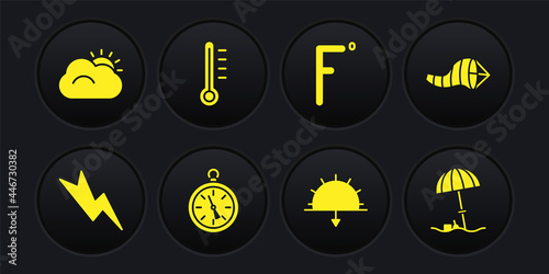 Set Lightning bolt, Cone meteorology windsock wind vane, Compass, Sunset, Fahrenheit, Meteorology thermometer, protective umbrella for beach and and cloud icon. Vector