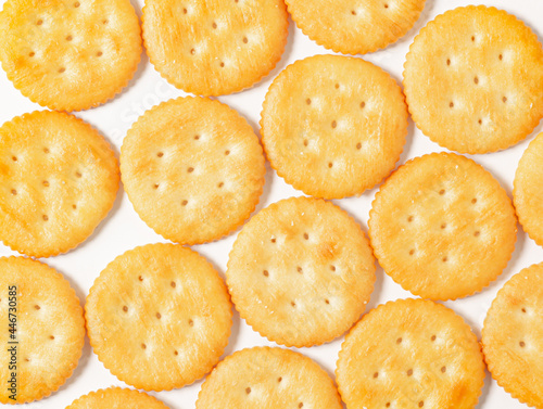 An image top view isolated circle crackers or snack or biscuits treat gourmet or junk food.