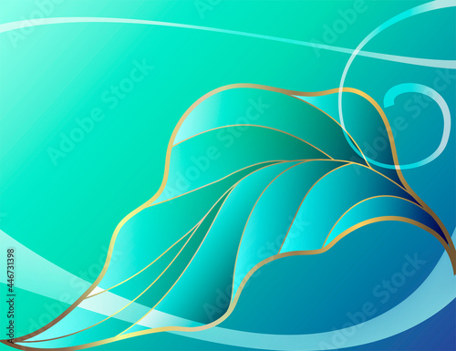 Abstract background design in green and blue tones with flowing golden lines.