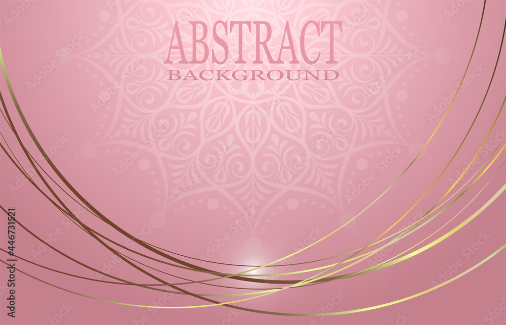 Abstract background design in pink colors. Mandala pattern in a frame of flowing golden lines.