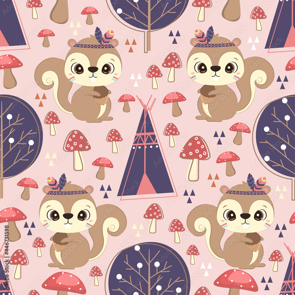 Fototapeta premium Cute cartoon tribal squirrel pattern design perfect for children's fabric, gift wrapping, wallpaper, and many more