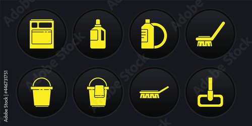 Set Bucket, Brush for cleaning, with rag, Dishwashing liquid bottle and plate, Fabric softener, Mop and Kitchen dishwasher machine icon. Vector