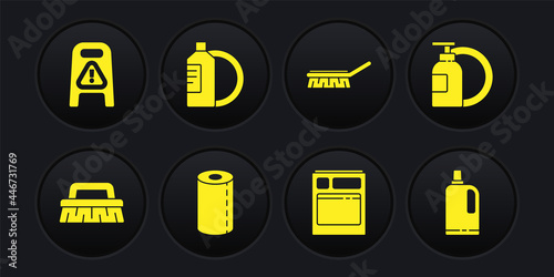 Set Brush for cleaning, Dishwashing liquid bottle and plate, Paper towel roll, Kitchen dishwasher machine, Fabric softener and Wet floor progress icon. Vector