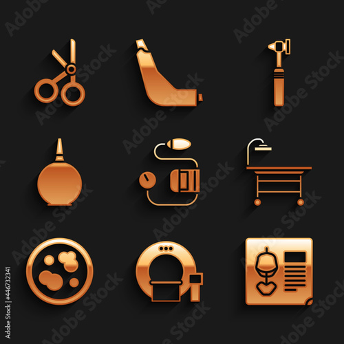 Set Blood pressure, Tomography, X-ray shots, Operating table, Petri dish with bacteria, Enema, Medical otoscope tool and scissors icon. Vector