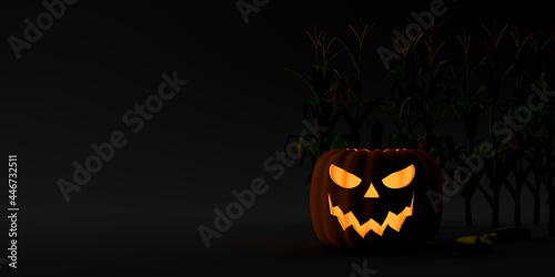 Creepy pumpkin with corn crop. Halloween banner. 3d illustration.