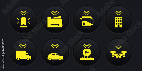 Set Smart truck, home with wireless, car system, sensor, electric kettle, printer, drone and flasher siren icon. Vector