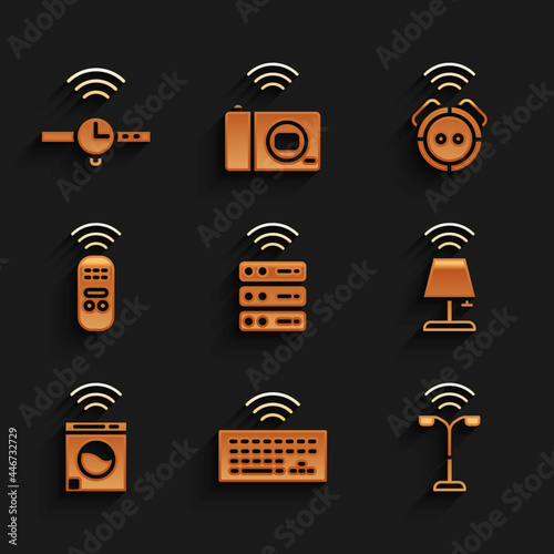 Set Smart server, Wireless keyboard, street light, table lamp, washer, remote control, Robot vacuum cleaner and Smartwatch icon. Vector