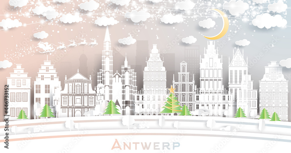 Antwerp Belgium City Skyline in Paper Cut Style with Snowflakes, Moon and Neon Garland.
