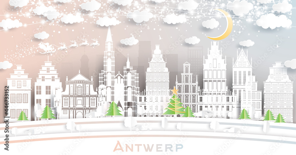 Obraz premium Antwerp Belgium City Skyline in Paper Cut Style with Snowflakes, Moon and Neon Garland.