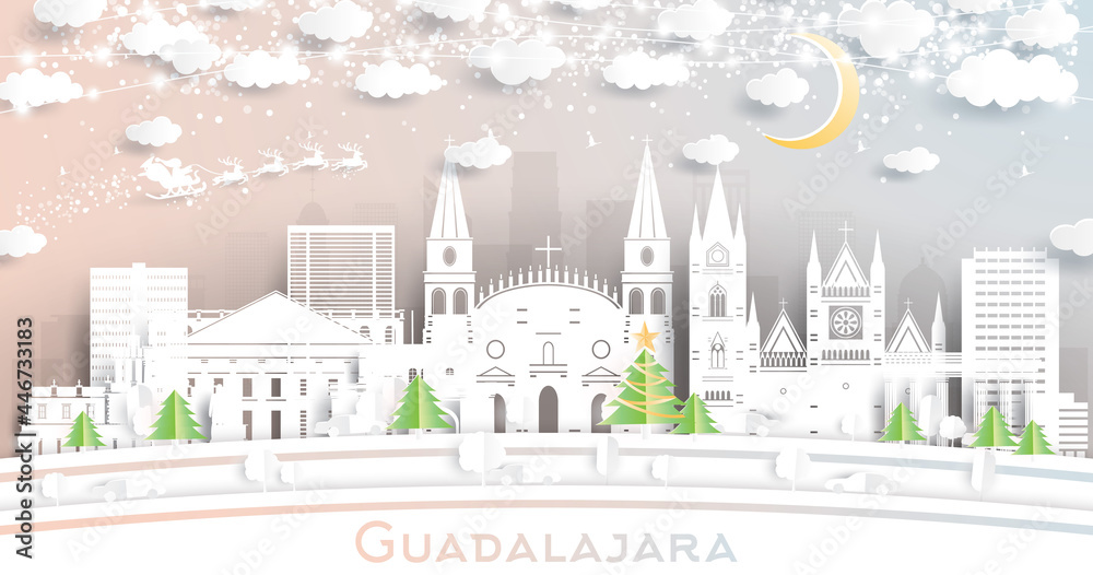 Guadalajara Mexico City Skyline in Paper Cut Style with Snowflakes, Moon and Neon Garland.