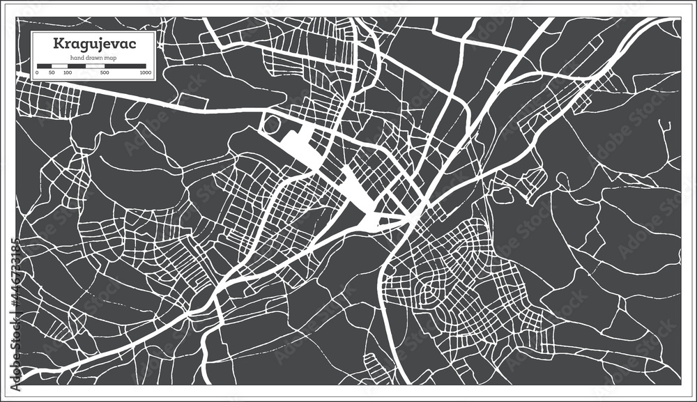Kragujevac Serbia City Map in Black and White Color in Retro Style.