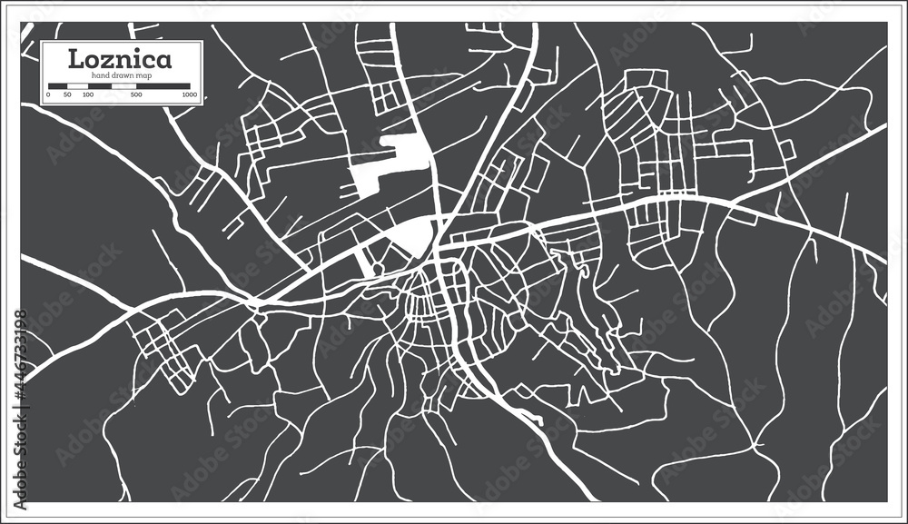 Loznica Serbia City Map in Black and White Color in Retro Style.