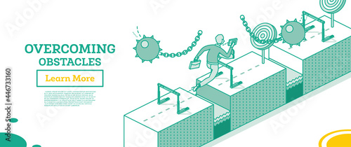 Overcome Business Obstacles. Businessman Jumps over Hurdle and Dodges from Swinging Wrecking Balls.