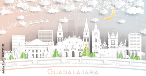 Guadalajara Mexico City Skyline in Paper Cut Style with Snowflakes, Moon and Neon Garland.