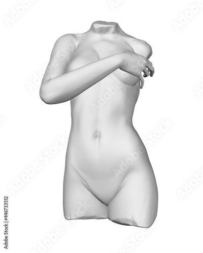 Body bust of a girl without head and legs isolated on white background. The girl covers her chest with her hand. 3D. Front view. Vector illustration